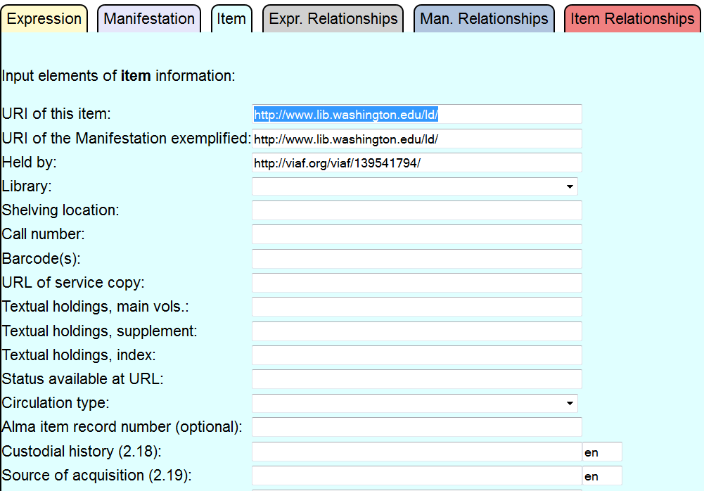 RDA Input Form - item