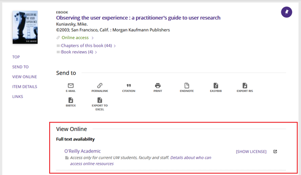 Screenshot of ebook record showing View Online section