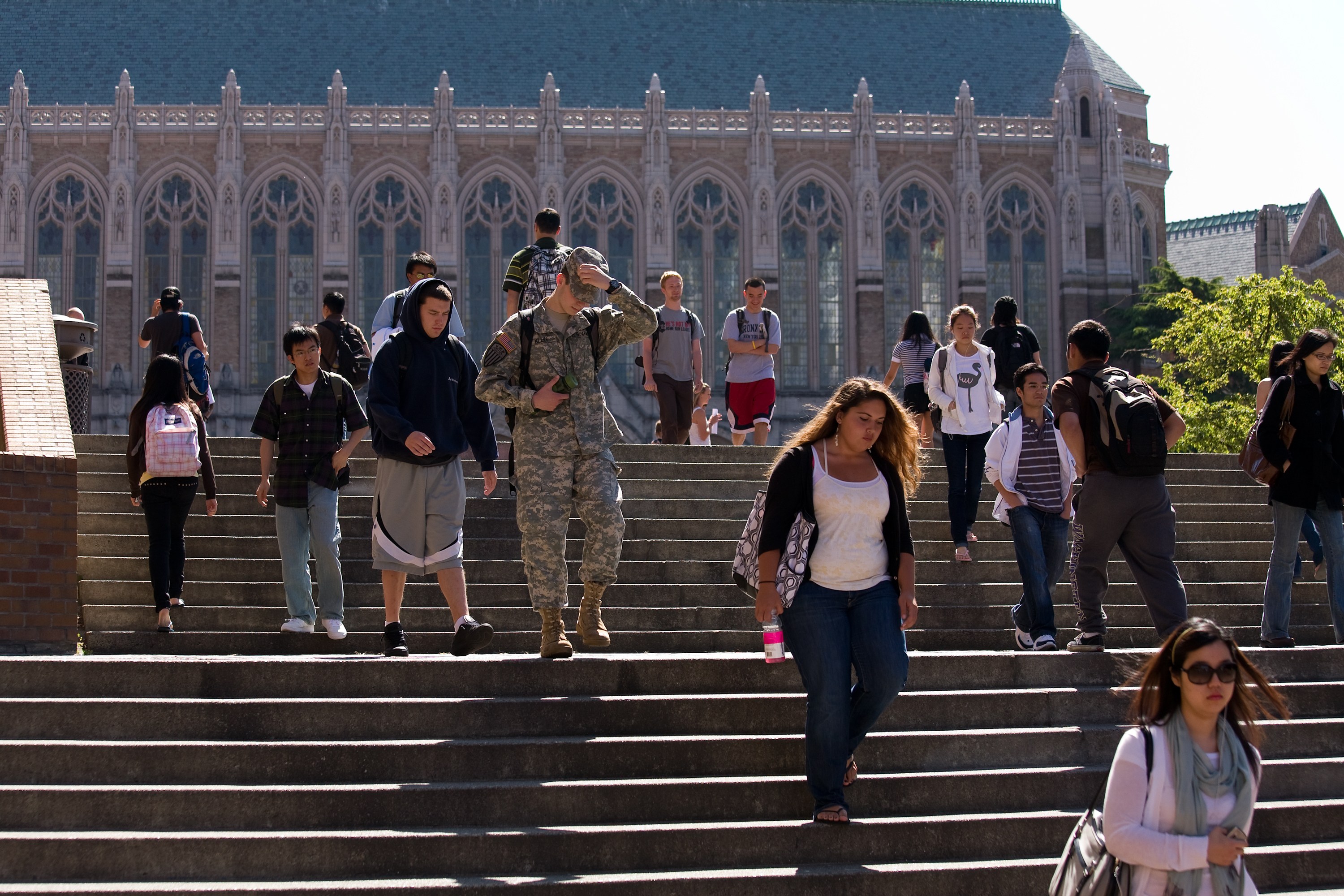 University of Washington students walking on the stairs to Red Square