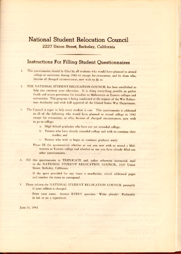 Page 1, National Student Relocation Council questionnaire