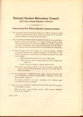 Page 1, National Student Relocation Council questionnaire