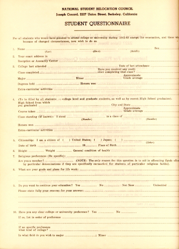 Page 2, National Student Relocation Council questionnaire