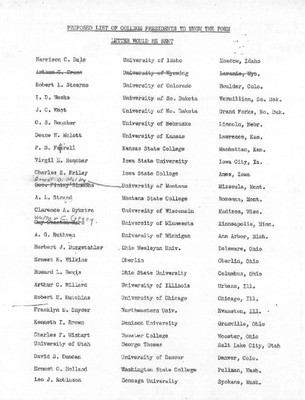 Proposed list of college presidents to whom the form letter would be sent