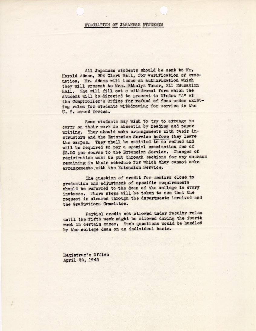 Memo from the Registrar's Office on the evacuation of Japanese students dated April 22, 1942