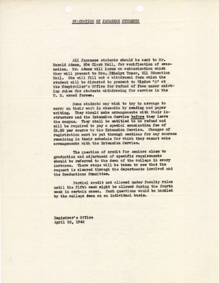 Memo from the Registrar's Office on the evacuation of Japanese students dated April 22, 1942